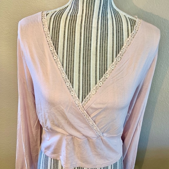 NWT Crop Top XL BP Wrap Front Lace Trim Pink Smoke Boho Long Balloon Sleeves - Picture 2 of 13